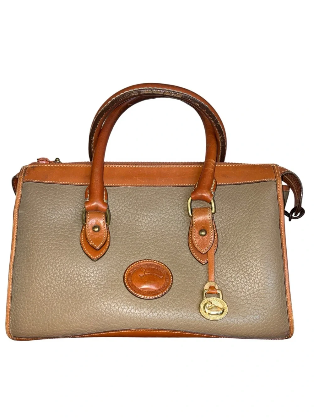 Dooney Bourke Satchel 2-Tone Pebble Leather, Tan/Taupe all weather bag, VTG EUC